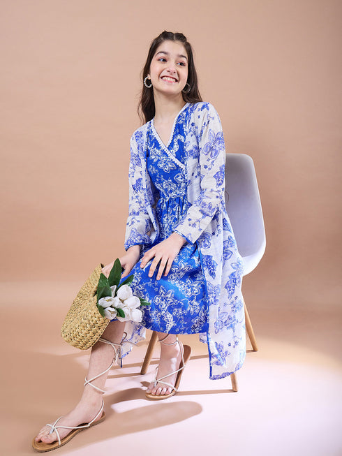 Girls Floral Print V-Neck Long Sleeves A-Line Midi Dress With Shrug